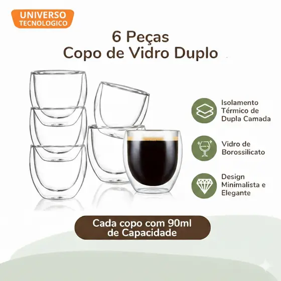 Jogo 6 copos de Café Expresso Parede Dupla 90ml - Copos de Vidro Borossilicato Térmico