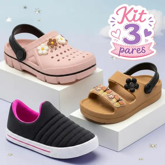 Kit 3 Pares Sandália Babuche Infantil Menina e Tênis Calce fácil Estilo Confortável