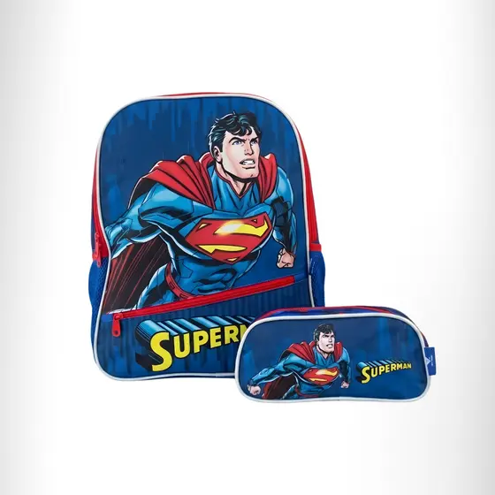 Kit Mochila Costas e Estojo Escolar Infantil Superman Luxcel