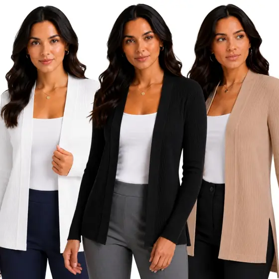 Cardigan Longo Kimono Cardigã Feminino Manga Longa  Canelado Casual Elegante Leve Outono Inverno