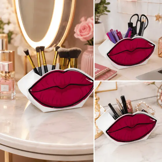 Organizador Multifuncional Porta Pincéis de Maquiagem Boca Rosa Porta Canetas Lápis