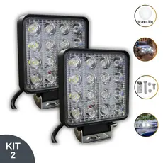 Kit 2 Farol de Milha Auxiliar 48W 12V Quadrado 16 LEDS Branco Frio Picape Off-Road IP66 4X4 Caminhão