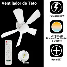Ventilador de Teto 80w Bivolt 5 helices Oval LED Com bulbo 3 Cores E27 Controle Função Timing