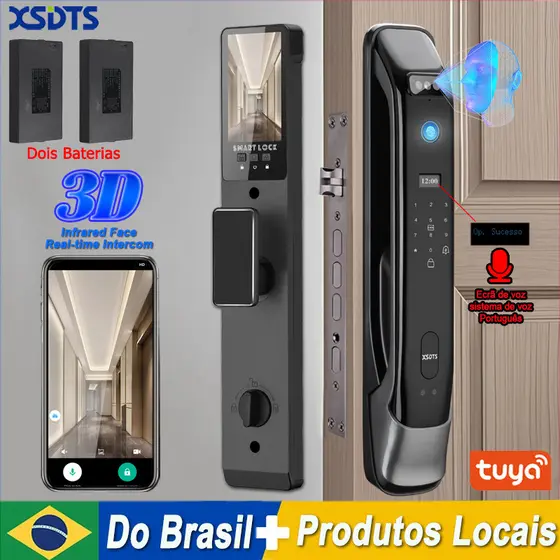 Fechadura de porta digital com reconhecimento facial, intercomunicador em tempo real 3d com câmera