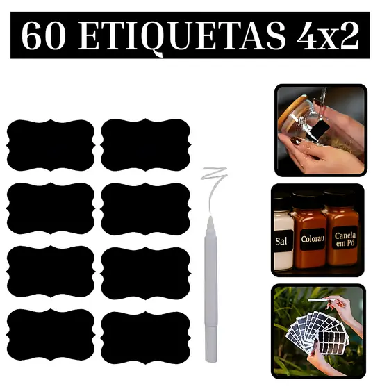 60 Etiquetas Adesivas Lousa 4x2cm + Caneta Giz Líquido Pote Porta Tempero
