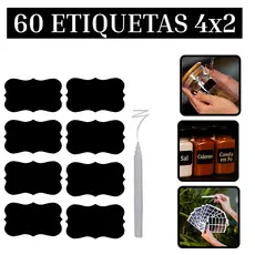 60 Etiquetas Adesivas Lousa 4x2cm + Caneta Giz Líquido Pote Porta Tempero