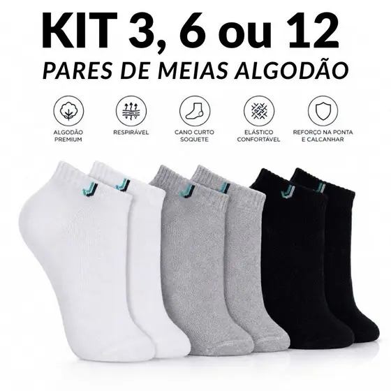 Kit Econômico 3, 6 ou 12 Pares Meia Soquete 100% Algodão