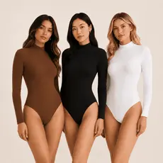 Kit 3 Body Feminino Manga Longa Gola Alta Elegante Casual Trabalho Ajuste Perfeito