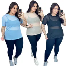 Kit 3 Blusas de Tule Plus Size Academia Treino Feminina