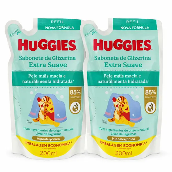Kit 2 Sabonete Líquido Huggies Extra Suave Bebê Refil 200ml Infantil Hipoalergênico Não Arde Olhos