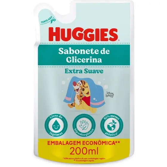 Sabonete Líquido Huggies Extra Suave Bebê Refil 200ml Infantil Hipoalergênico Não Arde Olhos