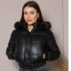 Jaqueta Puffer Cropped Feminina Couro Fake Grossa e Forrada Iverno Com Capuz  Removivel