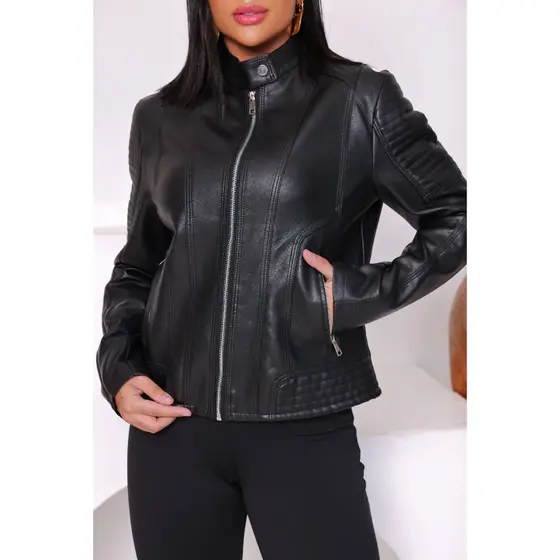 Jaqueta de Couro Feminina Elegante Marrom Preto Corte Slim Fit  De Promoção