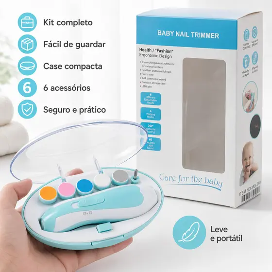 Lixa Elétrica Unhas Bebê com Luz LED e 6 Acessórios Azul