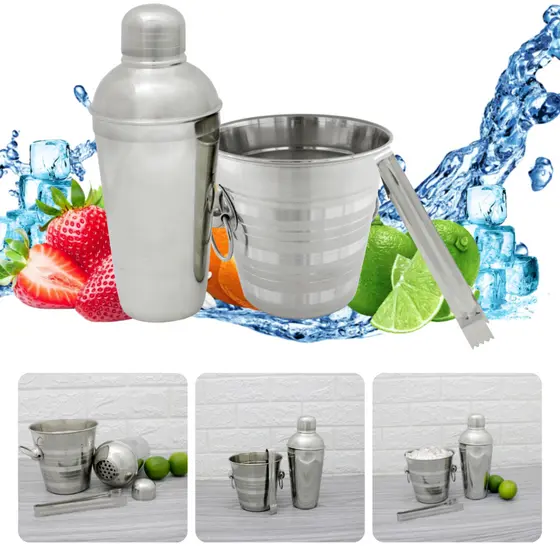 Coqueteleira Kit Bartender Inox Balde De Gelo + Pegador + Coquetel Cor Prata