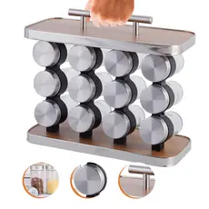 Porta Condimento Tempero - 12 Potes Vidro - Madeira - Inox. Apoio de mão, puxador, hermético.