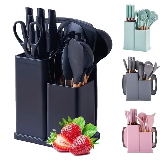Kit Completo Jogo de Cozinha Luxo Talheres 19 Peças Com Tábua em Silicone Espátula Faca Tesoura Utensílios