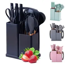 Kit Completo Jogo de Cozinha Luxo Talheres 19 Peças Com Tábua em Silicone Espátula Faca Tesoura Utensílios