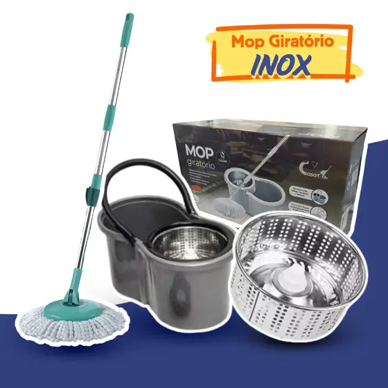 Mop Com Centrifuga Inox e Cabo em Inox Com Refil de Microfibra 9 Litros Mopi, Limpeza rodo com base