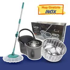 Mop Com Centrifuga Inox e Cabo em Inox Com Refil de Microfibra 9 Litros Mopi, Limpeza rodo com base