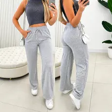 Calça Pantalona Feminina Cintura Alta Tecido Lanzinha com Bolso Atemporal