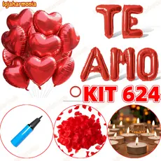 Kit Romântico - 600 Pétalas + 10 Velas + 10 Balões Coração + Balão Te Amo + Fitilho + Bomba-LJ