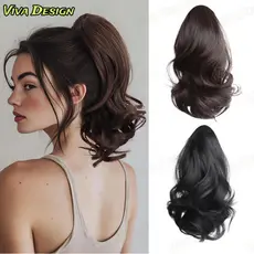 Extensão de Cabelo Sintético 28cm Curto Encaracolado Rabo de Cavalo Garra Clipe Aumenta Volume Marrom Preto