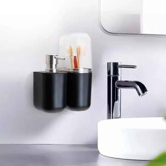 Kit Banheiro Porta Escova de Dente e Dispenser Sabonete Líquido Parede Adesivo 3M Sem Furo Fosco Arthi Suspensa