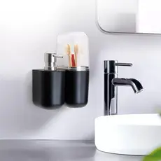 Kit Banheiro Porta Escova de Dente e Dispenser Sabonete Líquido Parede Adesivo 3M Sem Furo Fosco Arthi Suspensa