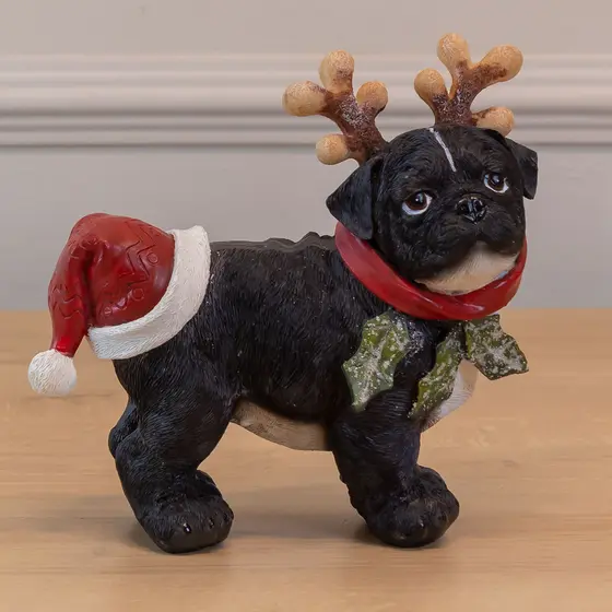 Enfeite Decorativo Natalino de Cachorro com Chifres de Rena e Gorro - 17cm