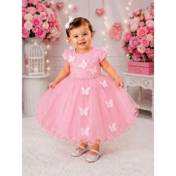 Vestido Festa Infantil C/ Aplique Borboletas Luxo - Várias Cores - 1.2.3.4