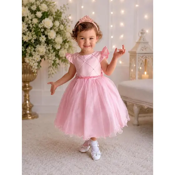 Vestido de Festa Infantil Luxo Princesa Brilho Tule e Aplique de Pérolas - Diversas Cores