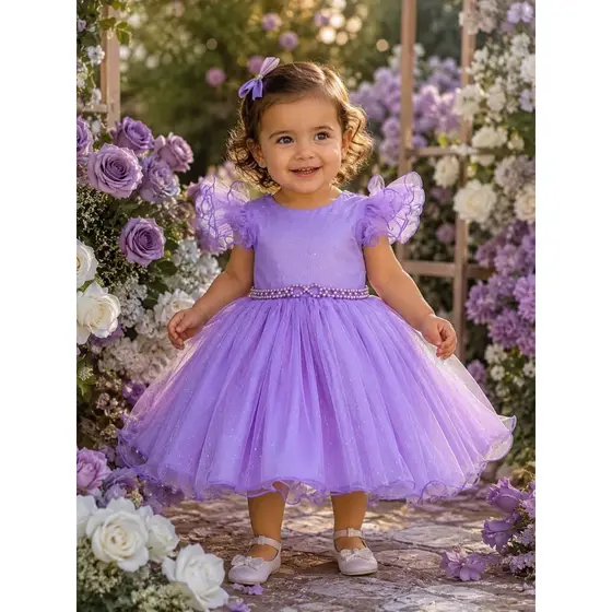 Vestido Infantil Festa Brilho Manga Bufante Tule Pérolas - Várias Cores