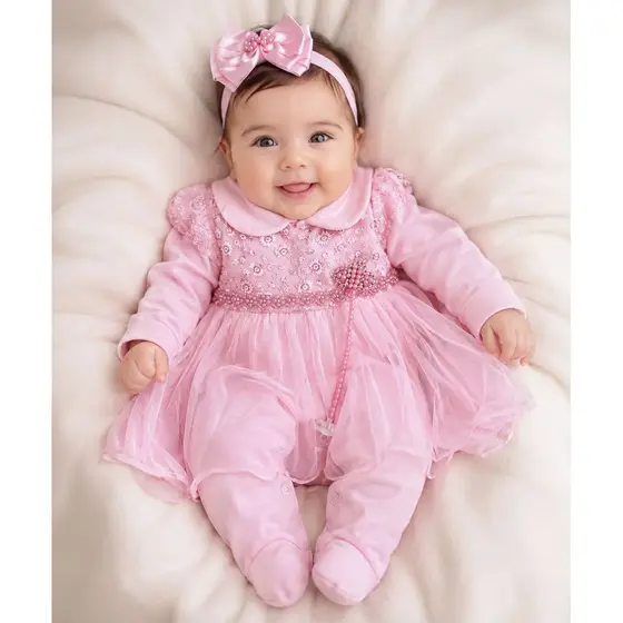 Conjunto Macacao e Vestido Bebe Menina Luxo 4 Pecas Com Laco RN ao G