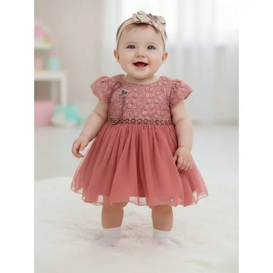Vestido Para Bebê Maternidade Luxo Verão KIT 3 Peças Premium Vestido + Faixa + Prendedor De Chupeta