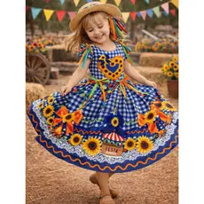 Vestido Festa Junina Infantil Rodado Caipira Luxo + Tiara de Brinde