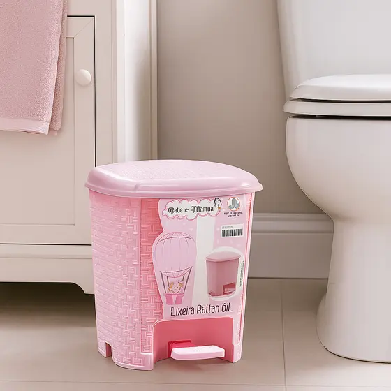 Lixeira Colorida Quarto Criança Cesto 6 Litros Rattan Pedal Banheiro Escritório Banheiro Cor Rosa