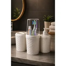 Kit De Banheiro Lavabo Porta Sabonete Líquido Rattan - Escova De Dente - Porta Algodão ou Cotonete