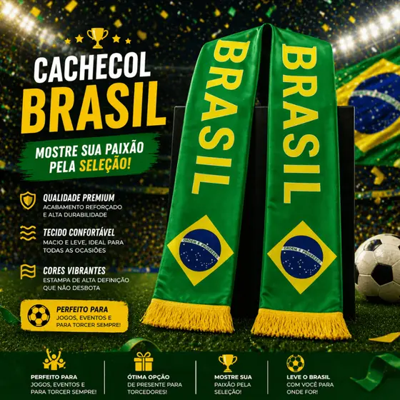 Cachecol Brasil Torcedor Seleção Brasileira Copa Futebol Verde Amarelo 1,50m