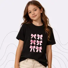 Camiseta Infantil Menina Estampa Fofa de Laços 100% Algodão Gola Redonda Canelada