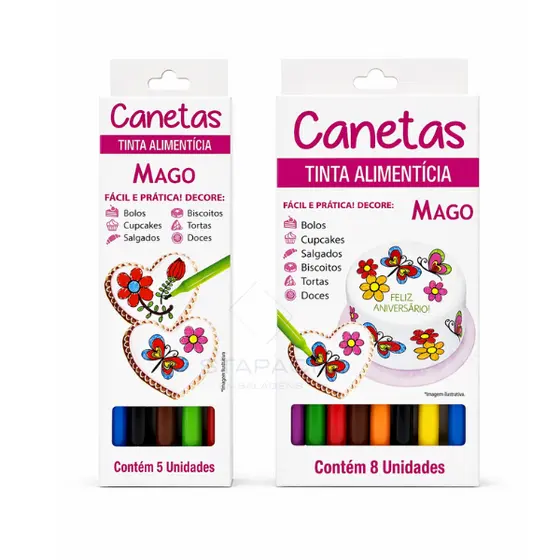 KIT CONJUNTO CANETA MAGO PARA ALIMENTOS E PASTA AMERICANA - 5 CORES OU 8 CORES