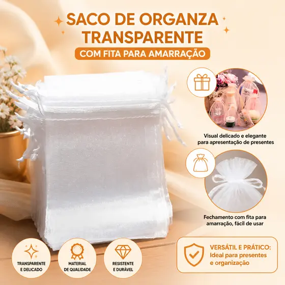 Kit 10/20/50/100 Un Saco Saquinho Organza Tule Saquinho 7x9 9x12 10x15 Branco Festa Casamento