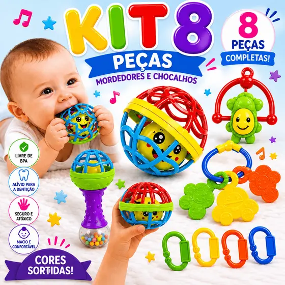 Kit Mordedor para Bebê brinquedo Sensorial Silicone com Chocalho 2/4/8 Peças Coloridas
