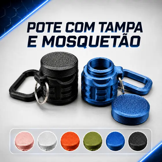 Chaveiro Pote com Tampa e Mosquetao, Espaço Interno Para Remédio ou Pequenos Objetos 3D