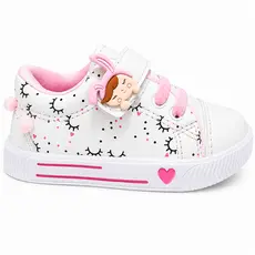 Tênis Infantil Feminino Branco e Rosa Confortável com Velcro Estampado Corações Menina