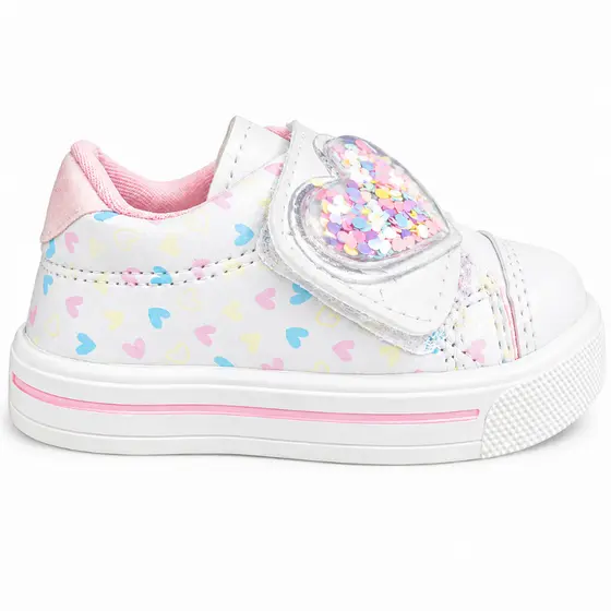 Tênis Bebê Menina Branco Corações Velcro Confortável Antiderrapante