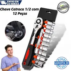 Jogo De Soquete Sextavado 1/2 Catraca 12 Peças 10 a 24mm com Extensão