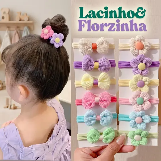 Kit com 6 Laços de Cabelo Infantil – Flor Colorida em Tecido Felpudo com Elástico Macio