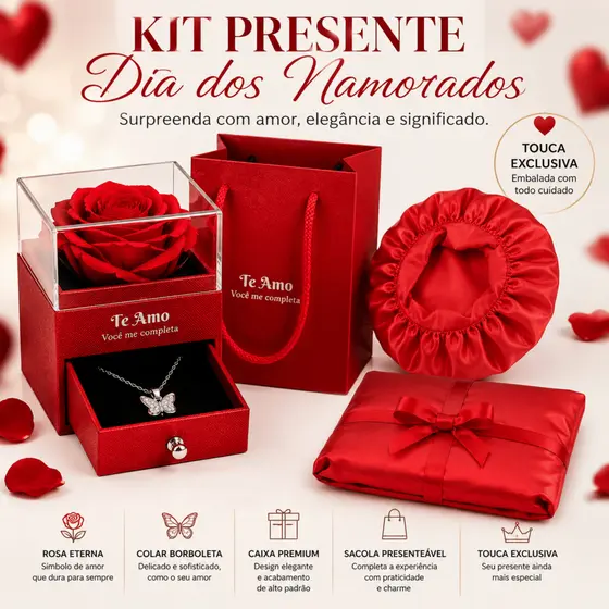 Kit Presente Dia dos Namorados Caixa Rosa Vermelha com Colar Touca de Cetim e Sacola