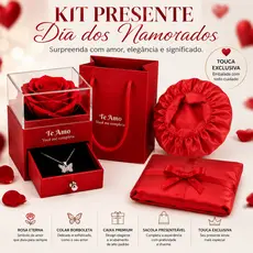 Kit Presente Dia dos Namorados Caixa Rosa Vermelha com Colar Touca de Cetim e Sacola